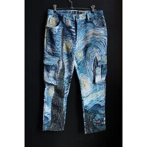 Rebel Vengeance Tapestry Cargo Jeans Mens Starry Night Van Gogh Streetwear 30